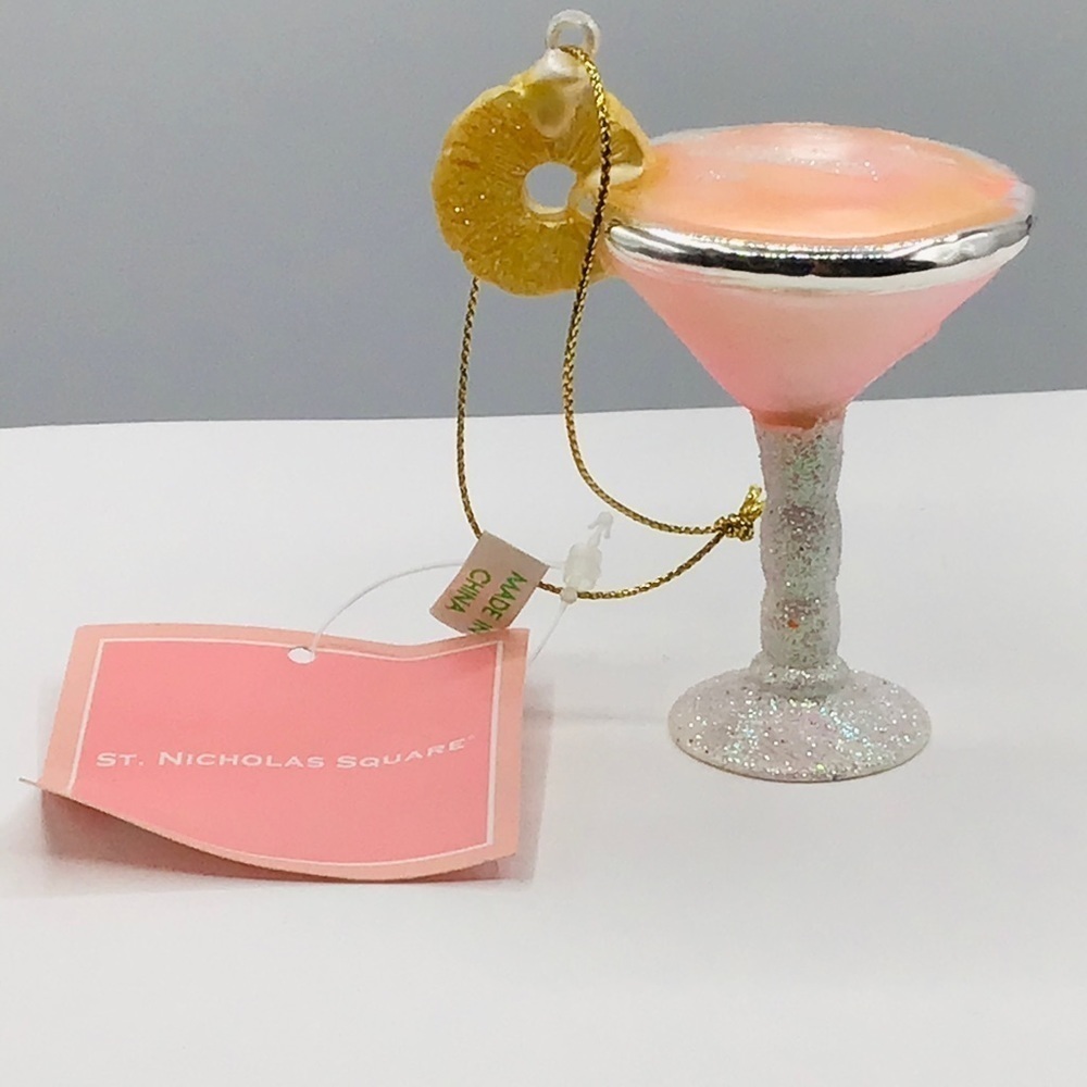 TROPICAL Cosmo Cocktail Christmas Ornament Stemmed Glass Pineapple Pink Glitter